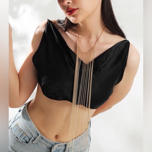 New Long Golden Chain Fringe Statement Necklace - Picture 9 of 11